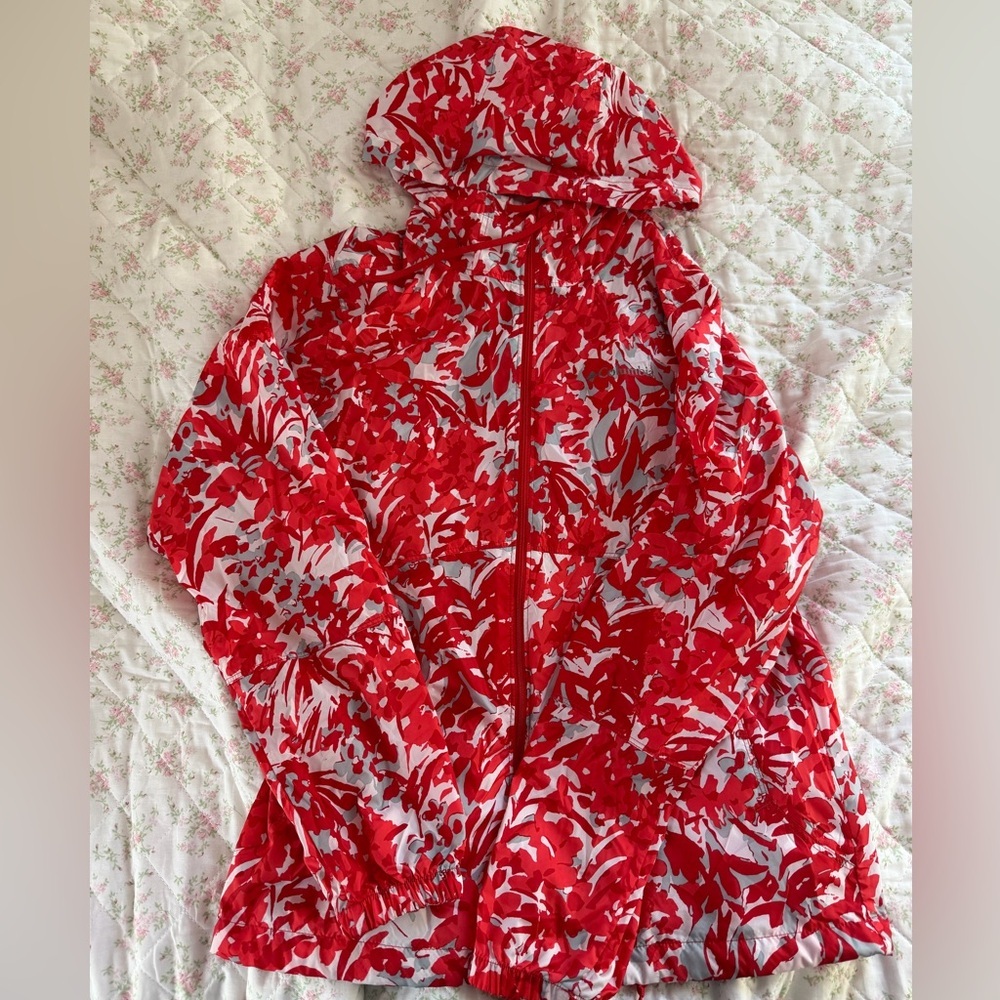 Columbia Red and White Patterned Hooded Rain Jacket